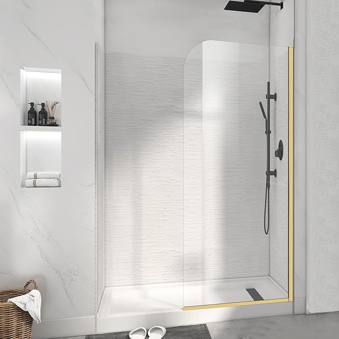Glass Shower Panel, 34" W x 74" H Semi-Framed Fixed Shower Glass Panel in Brushed Gold with 5/16"(8mm) Clear Tempered Glass Door, Simple Shower Door Panel for Bathroom