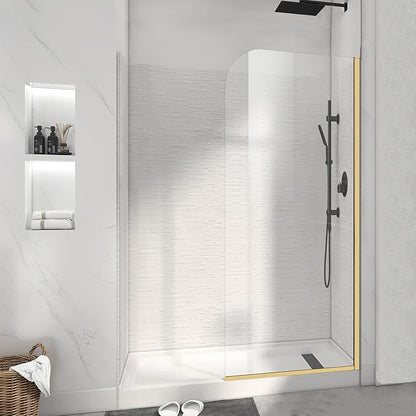 Glass Shower Panel, 34" W x 74" H Semi-Framed Fixed Shower Glass Panel in Brushed Gold with 5/16"(8mm) Clear Tempered Glass Door, Simple Shower Door Panel for Bathroom