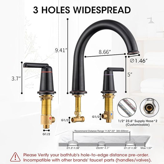 High Flow Roman Tub Faucet with Valve, Widespread Solid Brass 3 Hole Bathtub Faucet, 2 Handle Deck Mount Bath Tub Filler with Supply Water Hoses, Oil Rubbed Bronze