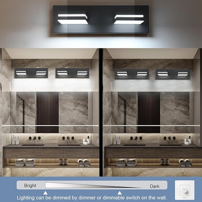 SineRise LED Modern Bathroom Vanity Light Fixtures (2-Light, 15.5-Inch, Dimmable), Matte Black Modern Acrylic Bathroom Wall Lighting Fixtures Over Mirror (Cool White 6000K)