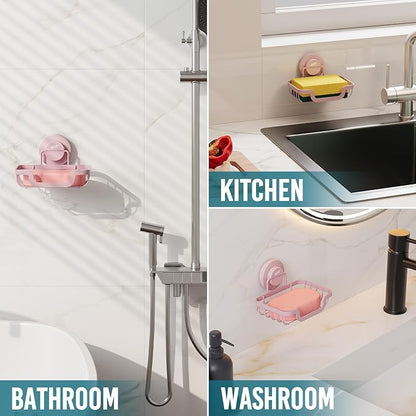 TAILI Soap Holder Bar Dish Suction Cup, Bar Shampoo Rack for Shower Wall, Draining Soap Saver Tray for Bathroom, Rustproof Stainless Steel Sponge Holder for Tub, Kitchen, Drill-Free, Pink