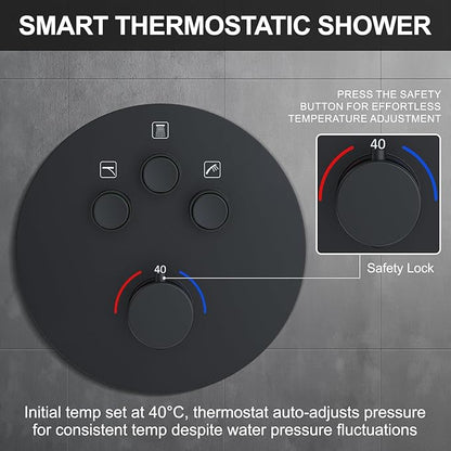 KOJOX Matte Black Thermostatic Shower System, Push Button Diverter Shower Faucet Set with 12" Ceiling Mount Rain Shower, 8" Wall Mount Shower Head, and 3-in-1 Handheld Spray