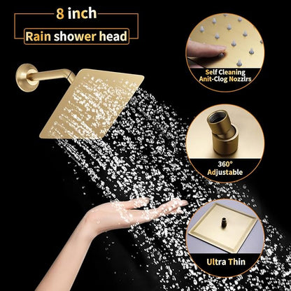 AYIVG Square 304 Stainless Steel 8 Inch Wall Mount Rain Shower head With Shower Arm And flange (Brushed Gold)