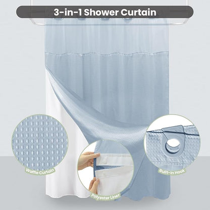 Inhousolu Long No Hook Shower Curtain with Snap in Fabric Liner Set Waffle Weave 230GSM Weighted Hem, Waterproof & Washable Bathroom Curtain Spa Luxury with Mesh Top Window 72" W x 78" L Fog Blue