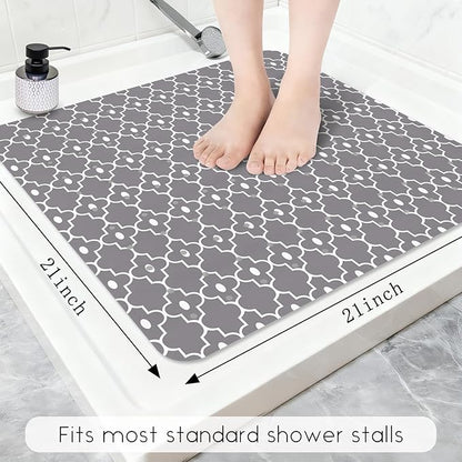 Bathtub Mat Non Slip, Grey Square Bath tub Mat Shower Floor Mat with Suction Cups for Adults Kids Elderly 21 X 21 Inch