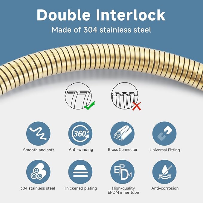 59 Inches Shower Hose Replacement Gold 304 Stainless Steel Handheld Shower Head Hoses Flexible ＆smooth Rv Shower Hose Extra Long 5ft High Pressure Bidet Hoses Brushed Gold