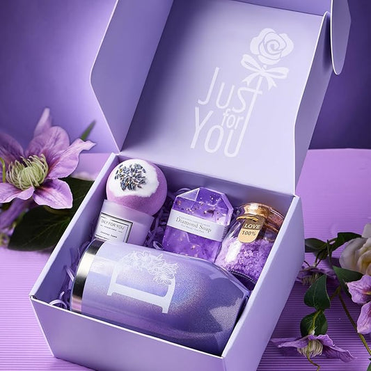 Self Care Gifts for Women, Unique Birthday Gifts, Thinking of You, Get Well Soon Care Package with 20oz Initial Tumbler, Christmas Relaxing Spa Gift Box Basket for Her Sister Best Friends Mom (D)