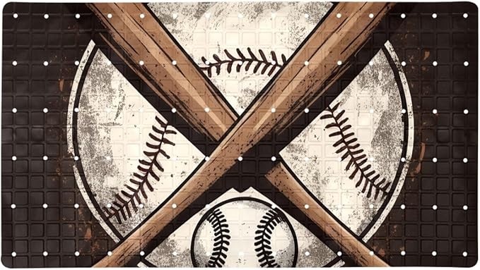 Bath Tub and Shower Mats, Non Slip Bathmat with Drain Holes and Suction Cups for Bathroom Floor, 15.1 x 26.8 Inch (Vintage Crossed Baseball Bat)