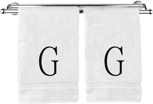 Monogrammed Hand Towel, Personalized Initial Gift, Extra Absorbent 100% Turkish Cotton - Soft Terry Finish - Set of 2 - Black Block Initial G - Embroidered on White Towels