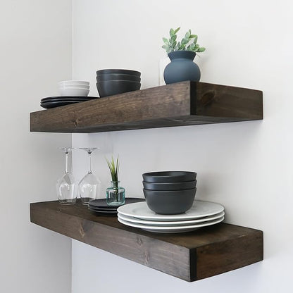 Urbandi Modern Floating Shelves 3 Inches Thick for Wall, Wide Shelves for Kitchen, Living Room, Bedroom, and Bathroom, Natural Pine Wood, Rustic Wooden Shelf, (Set of 2) (Jacobean, 24Lx3Hx6D)