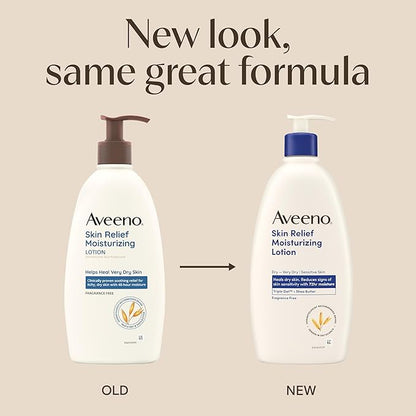 Aveeno Skin Relief Moisturizing Lotion Heals Very Dry, Sensitive Skin, Fast-Absorbing Body Lotion with Soothing Triple Oat & Shea Butter Formula, Fragrance Free, Non-Comedogenic, 12 fl. oz