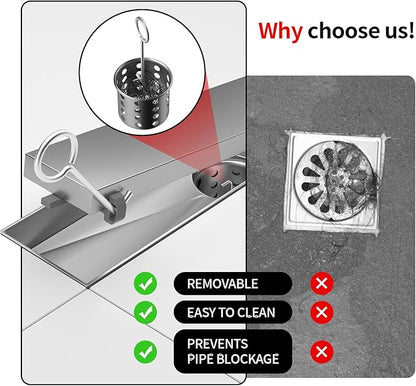 Linear Shower Drain, 304 Stainless Steel with Adjustable Leveling Feet, Hair Strainer,Reversely Install Place to Create an Invisible Floor Drain - Silver -32-Inch