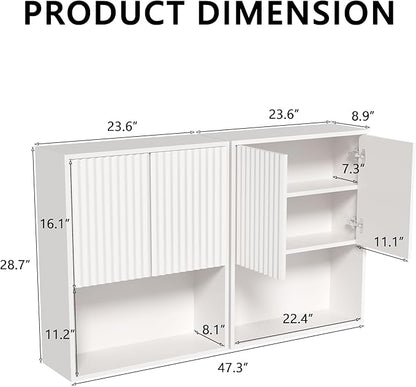 Fluted Bathroom Wall Cabinet Over The Toilet Storage,Wall Mounted Cabinet with Adjustable Shelf,Floating and Hanging Organizer,Kitchen and Laundry Room Storage (White-2 Pcs)