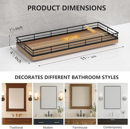 Bathroom Tray for Counter Top Organizer – Acacia Wood Vanity Tray with Metal Frame for Dresser, Kitchen, Nightstand – Black & Acacia Decorative Storage