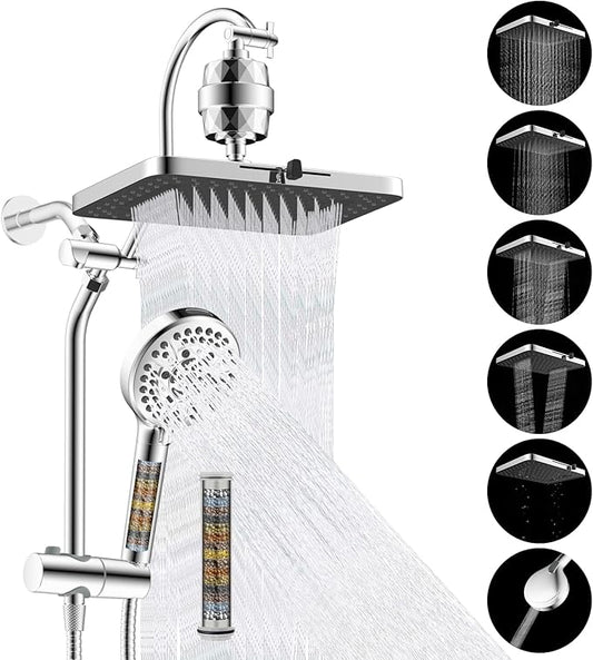 Hibbent 5-spray Filtered Rainfall Shower Head Combo, High Pressure 13'' Showerhead with 10 Spray Modes Handheld, All Metal 3 way Diverter Shower Arm, 71'' Hose and Holder, Chrome
