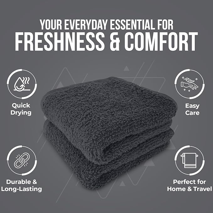 DAN RIVER 24 Pack Wash Cloths for Showering [12x12] - 100% Cotton Washcloths Premium Quality Flannel Face Cloths for Bathroom, Highly Absorbent and Soft Feel Wash Clothes, Charcoal