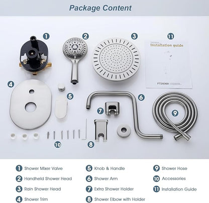 BRIGHT SHOWERS Shower Faucet Set, Shower System with Shower Valve Trim Kit, Double Handle Shower Fixture Rainfall Shower Head and 9-Setting Handheld Spray Combo, Valve Included, Brushed Nickel