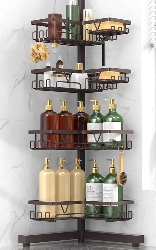KEGII Floor Corner Shower Caddy Standing, Rustproof 4-Tier Shower Shelf Organizer with Hooks & Soap Holder, Free-Standing Bathroom Storage Rack for Shampoo & Toiletries, Bronze