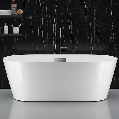 59 in Acrylic Freestanding Bathtub, Contemporary Stand Alone Tub,Glossy White Soaking Tub, Oval Bathtub with Chrome Overflow and Drain,CUPC Certified