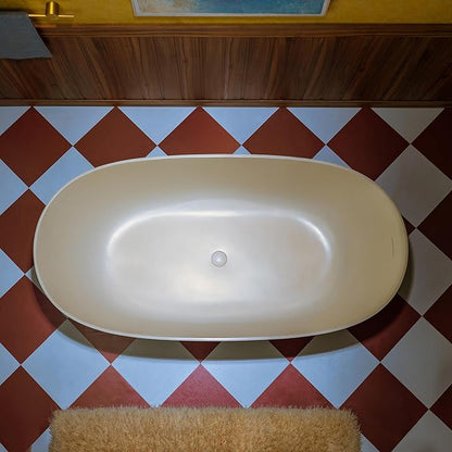 WOODBRIDGE 61-1/4" L x 30-3/4" W Stone Resin Luxury Contemporary Solid Surface Freestanding Soaking Bathtub in Cream with Two Drain Covers Included