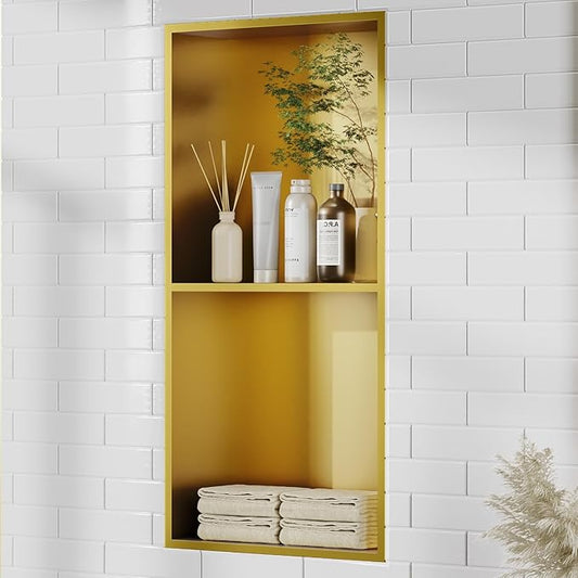Bathbliss Shower Niche, No‑Tile Recessed Wall Niche, 11.18"x22.3" SUS304 Stainless Steel Double Shelf, Leak‑Proof Waterproof for Bathroom Storage, Brushed Gold