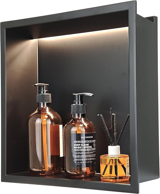 Stainless Steel Lighted Niche for Shower Storage,Bathroom Niches with LED Waterproof Light Strip，Shower Niche Insert Tile Ready ，Matte Black （ 12 x 12 in）