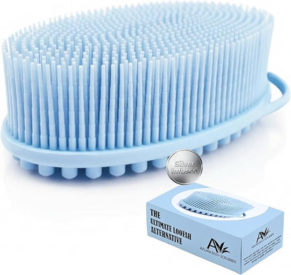 Silver Infused Silicone Body Scrubber Shower - Gentle Back Scrubber Soft Bristles - Avilana Premium Dual Sided Bath Brush Massage - Advanced Material Loofah Alternative - Gift Women Men