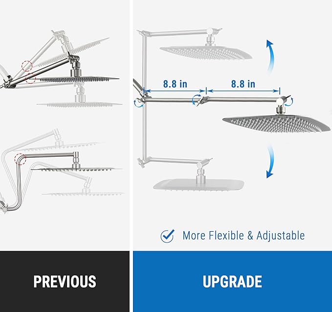 G-Promise 18 Inch Shower Head Extension Arm, Solid Brass Height & Angle Adjustable Extender, Rise or Lower Rainfall and Fixed Shower Head (Brushed Nickel)