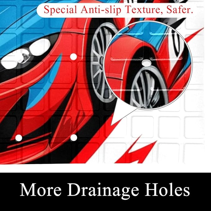 Bath Tub and Shower Mats, Non Slip Bathmat with Drain Holes and Suction Cups for Bathroom Floor, 15.1 x 26.8 Inch (Red and Blue Race Car with Checkered Flag)