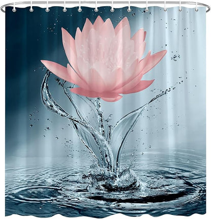 Lotus Shower Curtain Blue Red Flower Elegant Blooming Floral with Dew Spring Flower Reflection on Water Modern Romantic Polyester Fabric Bathroom Decor 70×70 Inch with Hook