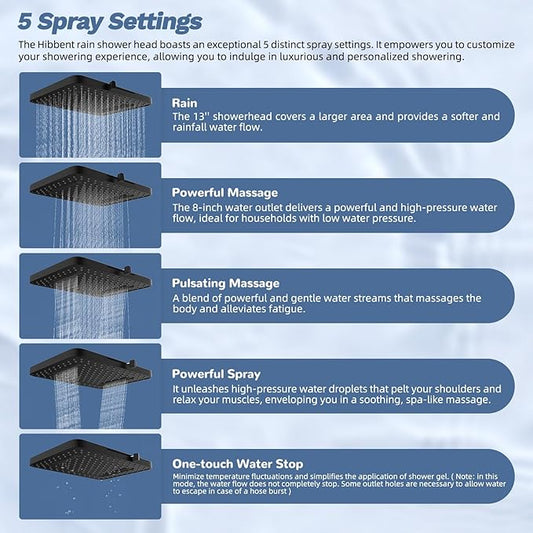 Hibbent 5-spray Filtered Rainfall Shower Head Combo, High Pressure 13'' Showerhead with Stainless Steel 4 Spray Modes Handheld, All Metal 4-way Diverter Arm, Pause Mode, 71'' Hose& Holder, Matte Black