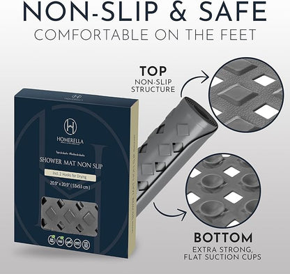 homerella® Shower Mat Non Slip Anti Mold, Non Slip Shower Mats for Inside Shower Stall Anti Slip Mat, Square Shower Floor Mat 21 x 21 in with Suction Cups & Hooks for Quick Drying, Machine Washable