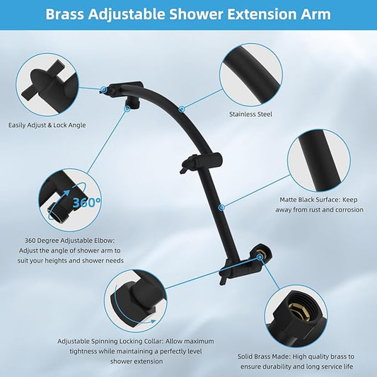 Hibbent All Metal cUPC Certified Rain Shower Head, 12'' High Pressure Rainfall Showerhead with 16" Shower Head Extension Arm, Solid Brass Adjustable Shower Arm Extender, fixed Showerheads, Matte Black