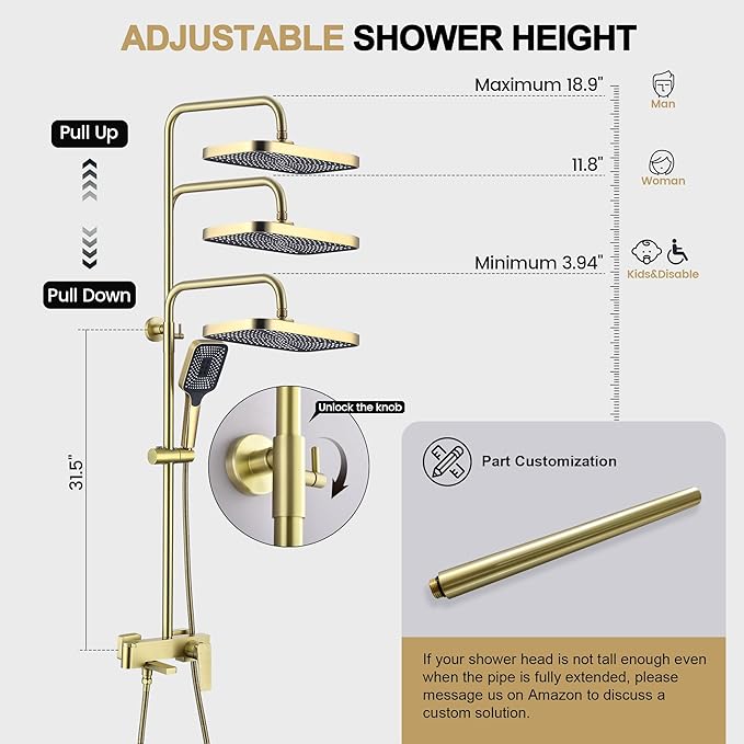 Shower Systems with 12 x8 Inches Rain Shower Head,Brushed Gold Exposed Pipe Shower System,3 Functions Tub Shower Faucet Sets,Overhead Shower System with Handheld