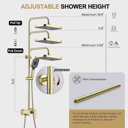 Shower Systems with 12 x8 Inches Rain Shower Head,Brushed Gold Exposed Pipe Shower System,3 Functions Tub Shower Faucet Sets,Overhead Shower System with Handheld