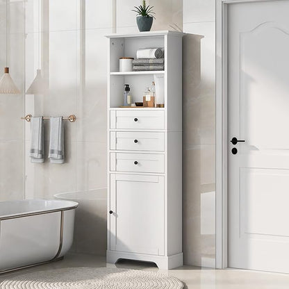 Harper & Bright Designs Storage Cabinet, 67.3 Inch Freestanding Tall Floor Bathroom Storage Cabinet with 3 Drawers, One Drawer, and Adjustable Shelves for Bathroom, Office, and Living Room (White)