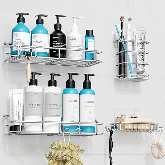 Nieifi Shower Caddy Shelf with Hooks Storage Rack Organizer Adhesive Stainless Steel without Drilling for Bathroom, Lavatory, Washroom, Restroom, Shower, Toilet, Kitchen (Sliver, 4 Pack)