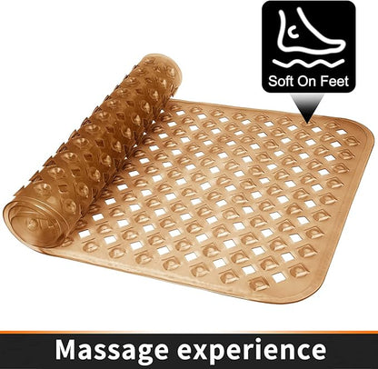 Yimobra Bathtub Mat Non Slip, Super Strong Suction Cups, 27.5"x15.5" Long Shower Mat with Drain Holes, Machine Washable Fast Draining Bath Mats, Bathroom Essentials,Clear Brown