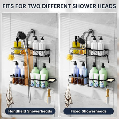 Kadolina Shower Caddy Hanging for Handheld Showerheads, Rustproof Stainless Steel Shower Organizer, Bathroom Organizer Rack with Soap Dish and Hooks for Razor/Sponge, Black
