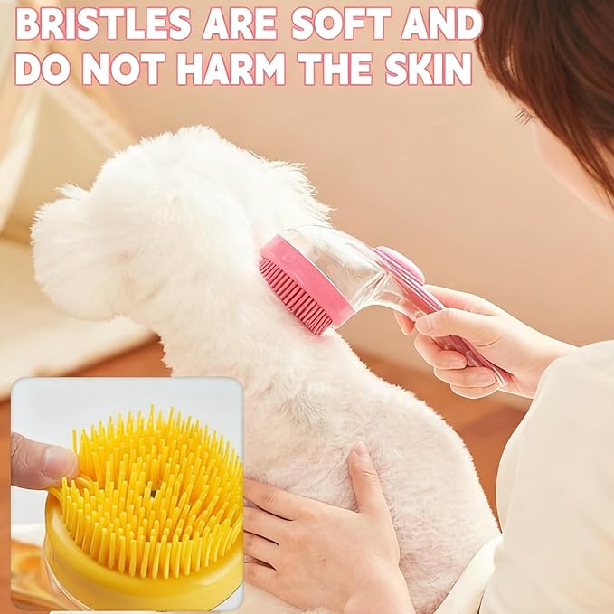 Pet Bath Brush 2 in 1 Dog Shampoo Brush with Built-in Shampoo Dispenser for Long Short Haired Dogs Cats Bubble Maker for Bathing Grooming (Yellow)