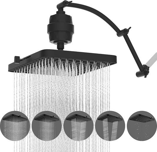 Hibbent Rain Filtered Shower Head, 13'' High Pressure Rainfall 5 Modes Showerhead with 16" Shower Head Extension Arm, Solid Brass Adjustable Shower Arm Extender, 20 Stage Shower Filter, Matte Black