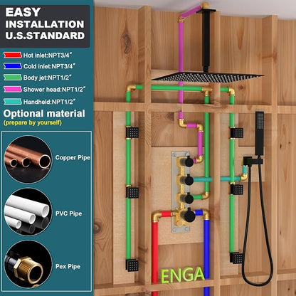 Enga Thermostatic Shower System 16 inch Rain Shower Head with 6 Body Spray Jets, Can Use All Functions At a Time (Volume Adjustable), Matte Black