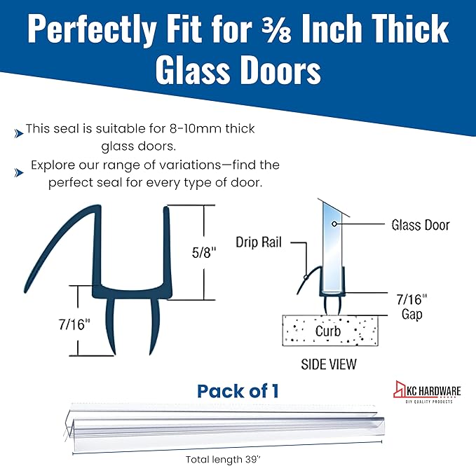 KC Hardware Frameless Shower Door Bottom Seal Strip with Drip Rail - Shower Door Seal Sweep for 3/8 Inch Thick Glass - Acts as a Leak Guard to Prevent Water Leaks - 39 Inch - Ultra Clear - Pack of 1