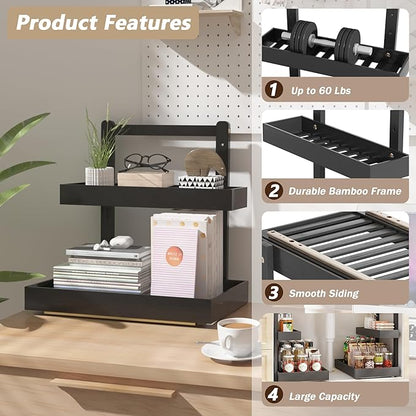 Bamboo Under Sink Organizer and Storage, 2 Tier Pull Out Cabinet Organizer, Slide Out Under Sink Storage Shelf, Undersink Organizers Shelves for Kitchen Bathroom Organization (Black, 2 Packs)