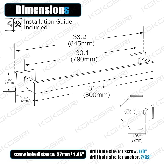 KOKOSIRI 32-Inch Single Towel Bar, Bathroom Kitchen Towel Holder, Wall Mounted T-304 Stainless Steel Towel Rack 2 Pack, Brushed Nickel, B4003BR-L32-P2
