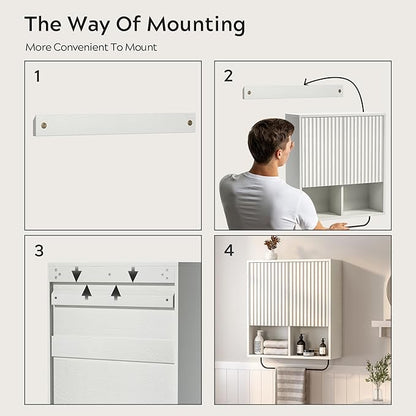 Bathroom Wall Cabinet, Fluted Wooden Medicine Cabinet Storage with 2 Doors, Adjustable Shelf and Towels Bar, Modern Wall Mount Large Floating Cabinet for Kitchen Laundry Room White