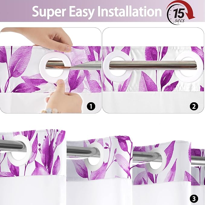No Hook Shower Curtain and Liner Set, Purple Eucalyptus Floral Shower Curtains for Bathroom, Bath Curtain Sets with Snap in Liner, Waterproof with See Through Top Window, 71x74 Inches