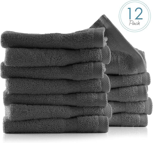 Hearth & Harbor Washcloths 12 Pack - 100% Cotton Washcloth for Body and face, High Absorbent and Soft 13"x13" Body Wash Cloth, Quick Dry - Dark Grey Washcloths