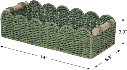 CubesLand Scalloped Decor Basket for Living Room, Home, Bathroom, 2SAME SIZE Paper Rope Basket, Toilet Storage Baskets for Over Toilet Storage Shelf, Cozy Woven Basket Both Storage&Decor, Green