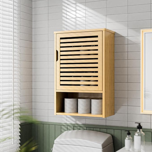 HITNET Bathroom Wall Cabinet, Medicine Cabinet Over The Toilet, Bamboo Hanging Storage Organizer with Single Door and Open Bottom Shelf, for Kitchen Living Room, Natural
